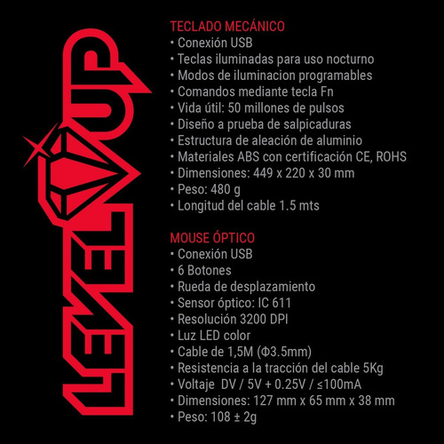 Imagen 5 de 5 de Combo Teclado Mecanico + Mouse Optico Gamer Level Up Rgb