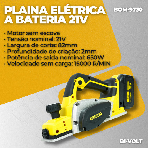 Plaina Sem Fio Com 2 Baterias Brushless Profissional Cor Amarelo