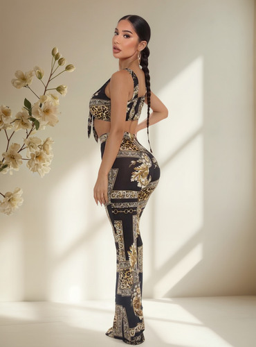 Set De Pantalón Acampanado Con Top Estampado De Cadena