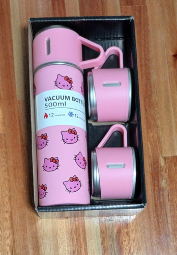 Termo 500 Ml Frio Calor Kitty Con Tazas Adicionales Rosa