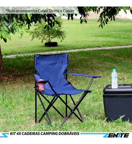 Kit 4 Cadeiras Praia Camping Dobrável Braço C/ Porta Copos + Bolsa Azul Zenite