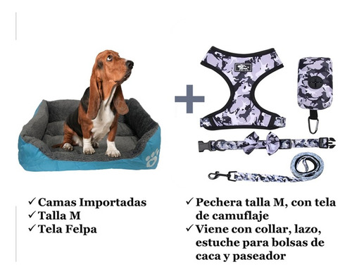 Super Combo Cama Para Perros M + Pechera M + Paseador 