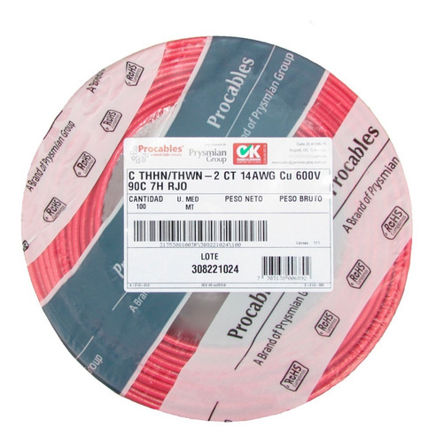 Imagen 1 de 3 de Cable 14 Awg Electrico 7 Hilos Procables Rojo