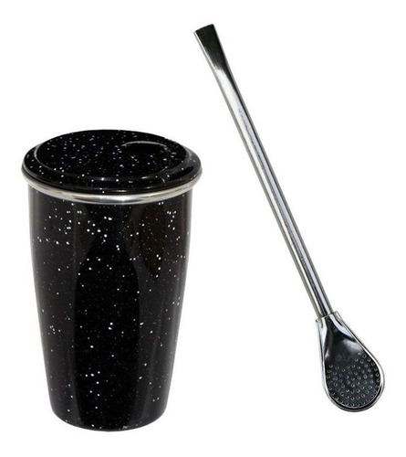 Imagem 1 de 1 de Kit Tereré: Copo Térmico E Bomba Metal Preto- Gastrobel