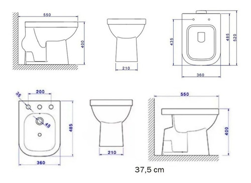 Imagen 2 de 2 de Inodoro Corto + Bidet 3 Agujeros Quadra De Premium Loza