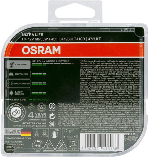 Imagem 6 de 7 de Par Lampada H4 Osram Farol Alto Baixo Original Ultra Life