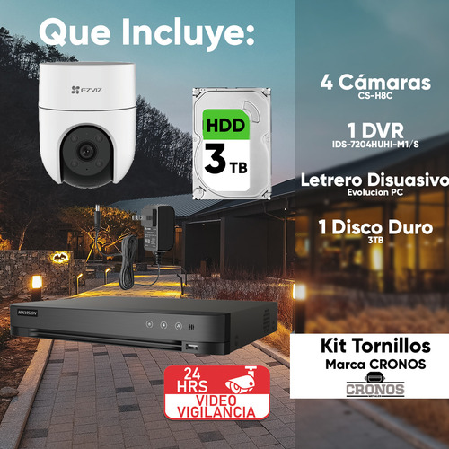 Ezviz Kit Videovigilancia 4 Cámaras Ip Ptz Wifi H8c 2mp + Hdd 3tb + Accesorios - Kit Cctv Kit-h8c-plus-4 Cámaras Inalambricas Audio De Dos Vias Cobertura 360° + Seguimiento Inteligente