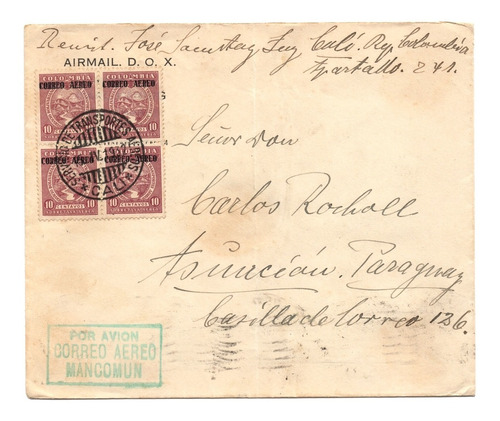 Sobre Correo Aéreo Scadta Cali A Asunción Paraguay 1932