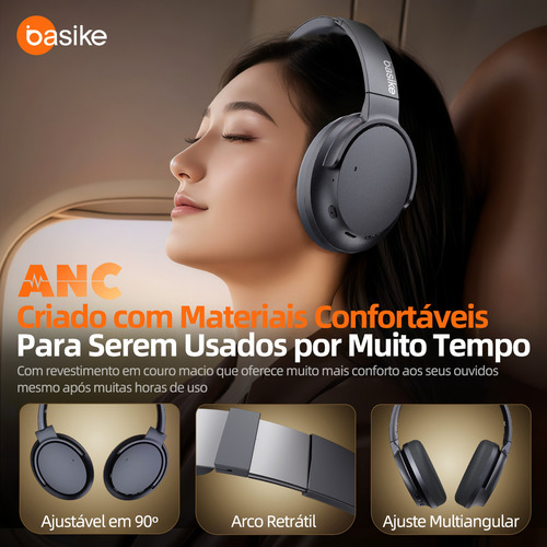 Basike fone de ouvido over-ear bluetooth sem fio com anc ativo 80h bateria áudio hd graves intensos espuma com memória perfeito para viagens e home office azul-marinho