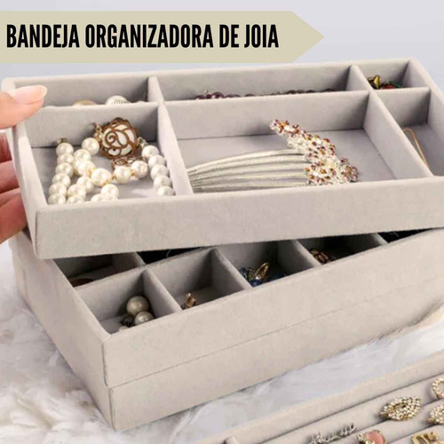 Kit 3 Organizador E Porta Joias Com Divisórias Em Veludo Cor Bege