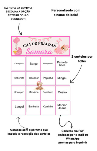 70 Cartelas Bingo Chá De Fralda Pdf Nome Personalizado Baby