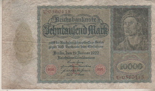 Antiguo Billete De Alemania * 10000 Marcos  Año 1922