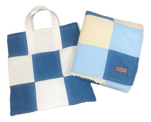 Manta Artesanal Infantil+mini Tote Bag Con Díseño Patchwork Cuadros Celeste