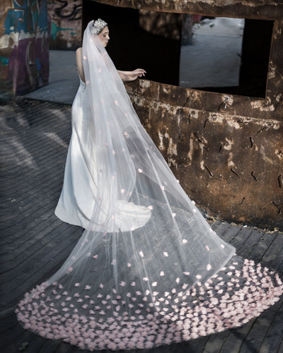 Velo De Novia Mantilla Catedral Boda Con Flores 3d Rosadas Blanco