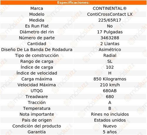 Llantas (2) Continental Conticrosscontact Lx 225/65r17 102 H