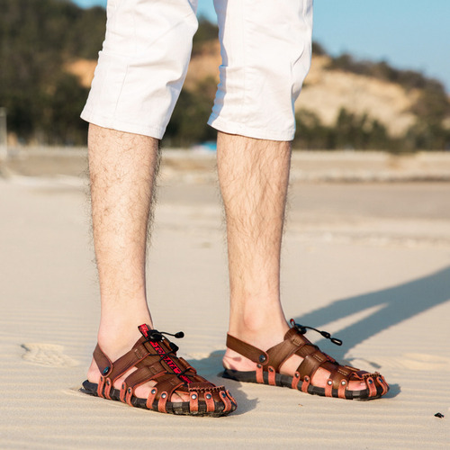 Sandalias De Playa Casuales De Cuero Con Punta Cerrada Para