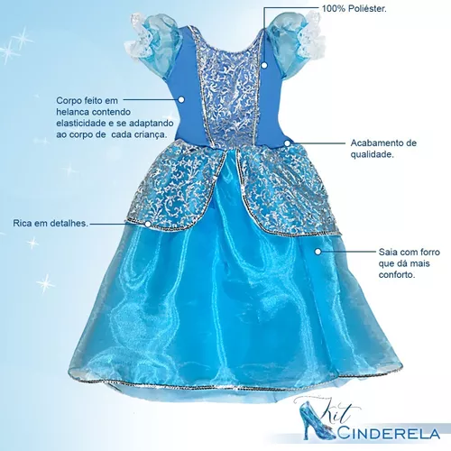 Fantasia Vestido Infantil Princesa Cinderela + Luvas + Coroa