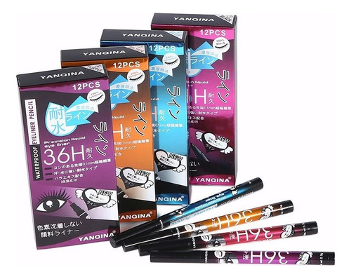Set 12 Delineadores Colores 36h Make Up Larga Duración Ojos Color Negro