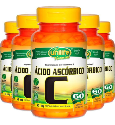 Kit 5 Vitamina C Ácido Ascórbico Com 60 Cápsulas - Unilife Sabor Natural