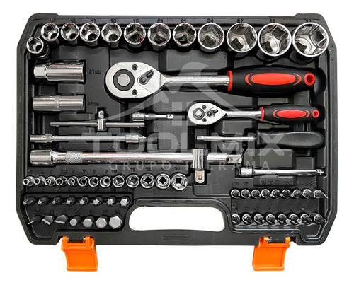 Juego Dados Con Llaves Y Chicharra 1/2'' Y 1/4'' 82pc Maleta Color Naranja Negro Plateado