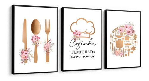 Quadro Decorativo Para Cozinha Flores Rosa Frase Com Moldura