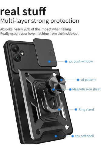 Funda Ring Cubre Cámara + Templado Compatible Cn Samsung A06 Negro Reforzada Anillo V3
