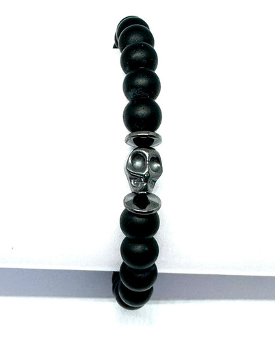 Pulseira Onix Fosca 8mm Caveira Hematita Tendencia Promo Top Cor Preta Tamanho 18cm