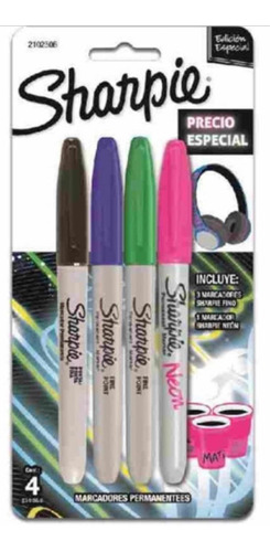 Marcadores Sharpie Permanentes X4  (3 Colores + 1 Neon) Fina