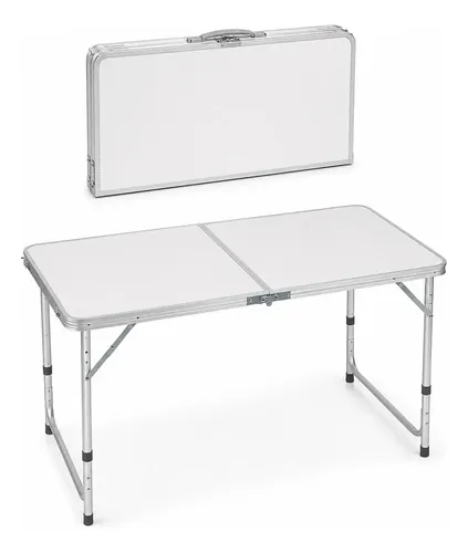 MESA DOBRÁVEL OMEGA ALUMÍNIO MALETA 120X60CM 3 ALTURAS CAMPING PRAIA BRANCA BRANCO