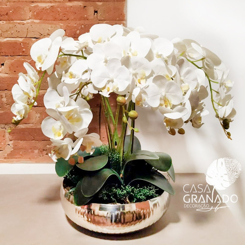 Arranjo Orquídea 10 Hastes No Vaso Metálico Prata | Parcelamento sem juros