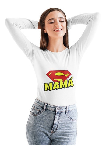 Polera Larga Super Mama Dia Madres Superman Estampado Algodo