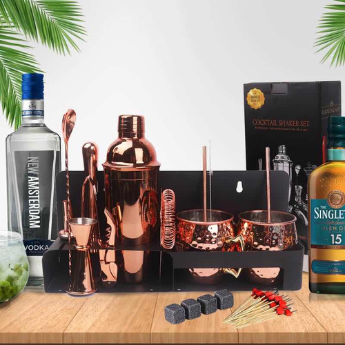 Set Mug - Coctelera Cobre 18 Pcs, Incluye Colgador De Pared