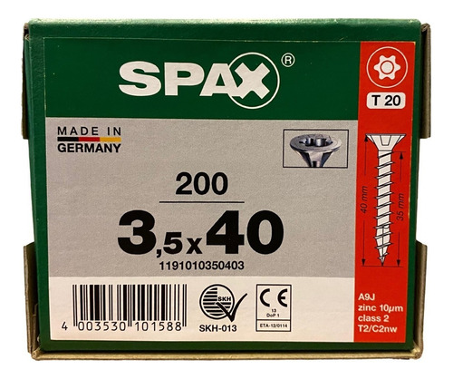 Tornillos Spax Madera 3.5 X 40 Caja 200 Pieza Cuerda Corrida