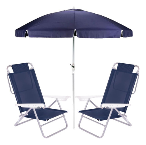 Kit Praia 2 Cadeiras Reclináveis Azul Mor + Guarda Sol 2,50m