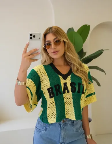 Blusa Cropped Tricô Modal Manga  Larga Copa Brasil Feminina Verde E Amarelo - Preto Listras Único