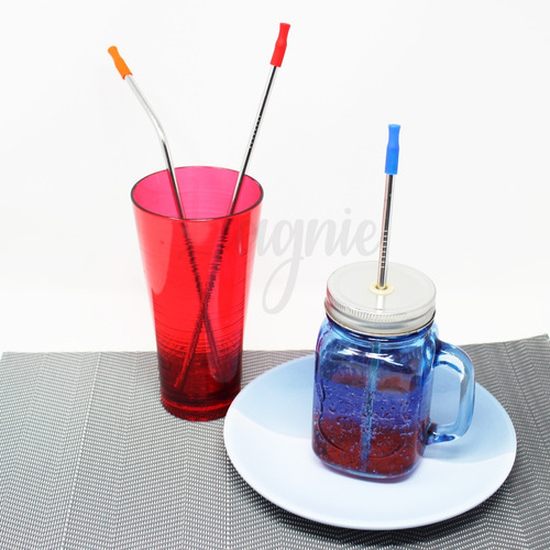 Lagnie Set 8 Popotes Metálicos Reusables Acero Inoxidable Pajillas Plateados Combinado Rectos Curvos 21.6 Ó 26.7 Cm Full