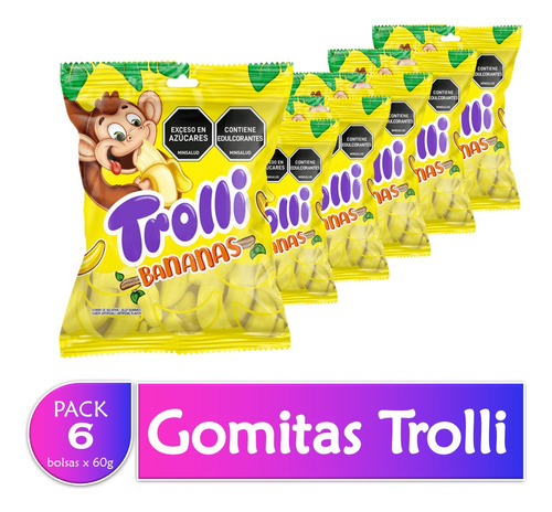 Gomitas Dulces Trolli Bananas 60grs Pack X6 Uds