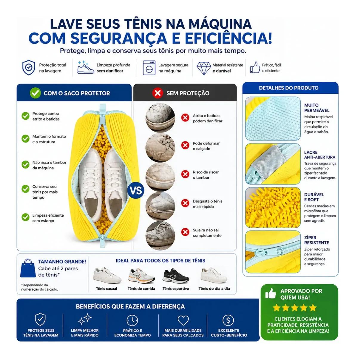 Kit 2 Saco Para Lavar Tênis na Máquina Proteção Reforçada MaioliWood Grande Limpa Sem Danificar Calçados Resistente