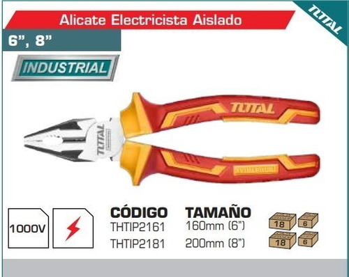 Imagen 2 de 2 de Alicate Electricista Aislado Total 1000v 8''