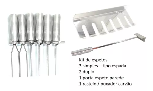 Espetos Churrasco Duplo Kit Com 3 Inox Churrasqueira