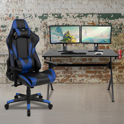 Juego De Escritorio Gamer Negro Con Silla Reclinable Azul Y