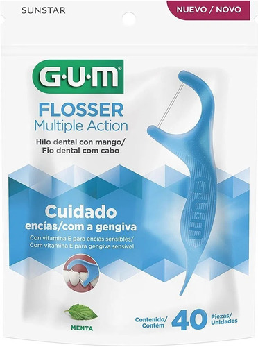 Gum Flosser Fio Dental Com Haste Multiple Action 40 Unidades Sabor Menta