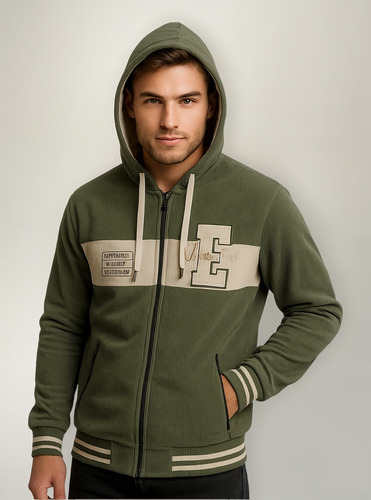 Campera Corderoy Con Capucha Bolsillo Cierre Universitaria