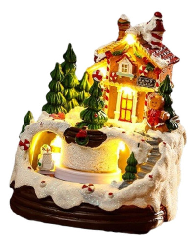 Figuras Navideñas Con Escena De Casa De Pueblo Iluminada