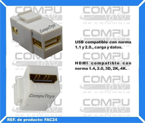Imagen 4 de 6 de Toma De Pared Hd X1 + Usb X1 Ref: Fac24 Computoys Sas
