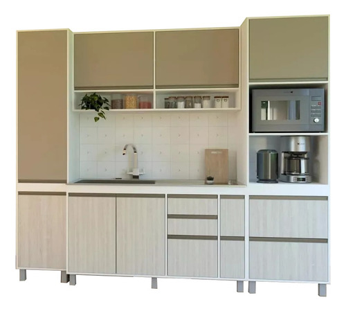 Combo Bajo Mesada 140 Cm Ricchezze Sorrento + Alacena + Tolva Portahorno 210x60 Cm + Mesada Johnson Acero Inoxidable Bacha Simple