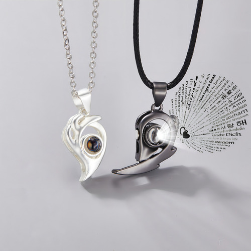 Collar magnético para pareja con texto en inglés I Love You de Halves, 100 idiomas, regalo de plata