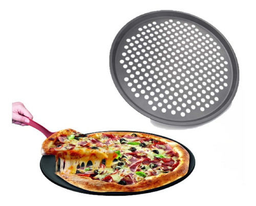 Forma Pizza Antiaderente Assadeira C/ Furos Aço Carbono 31cm Cor Cinza