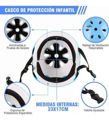 7pzas Kit De Proteccion Rodilla Codo Mano Patinaje Para Niño Color Azul Talla S