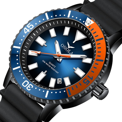 Relojes Luminosos Onola Con Calendario De Cuarzo Para Hombre Color De La Correa Negro/naranja